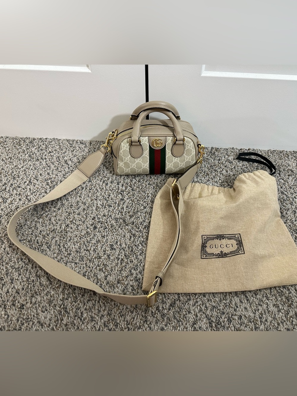 Gucci Ophidia Beige GG Mini Boston Bag with Green-Red Web Stripe